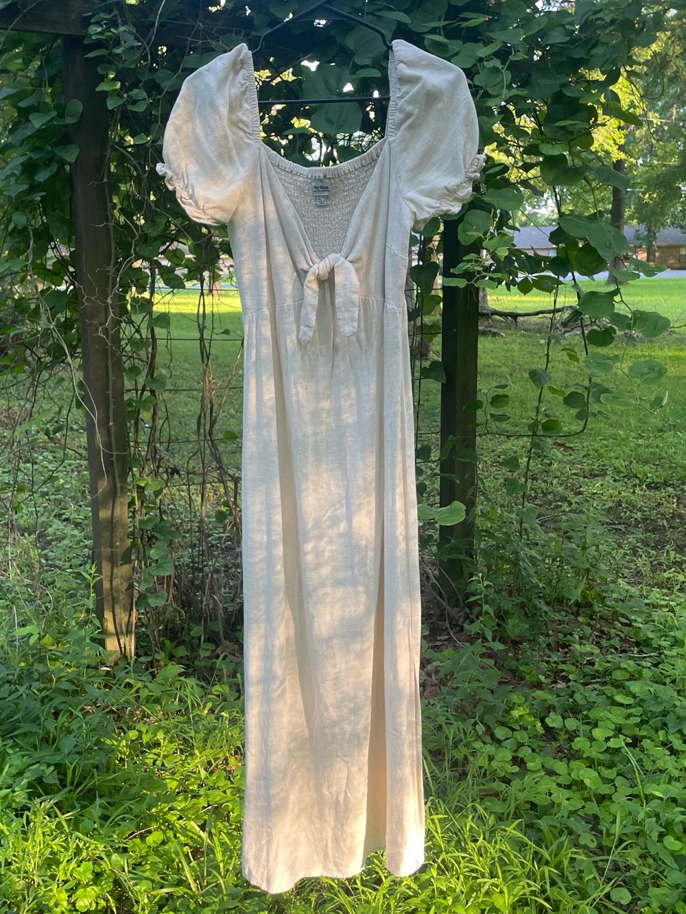 Rhythm Linen Blend Maxi Dress Large Coastal Cottagecore Puff Sleeve Tie Front